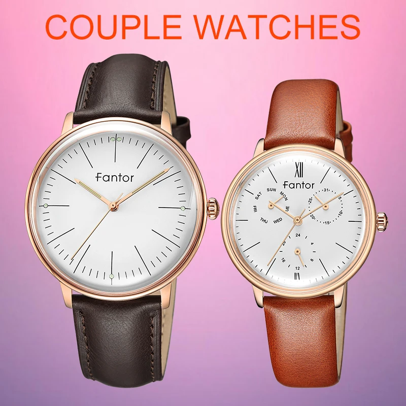 Fantor Brand Fashion Luxury Leather Quartz Pair Watch for Lovers Man Woman Gift Set Couple Watches with Box