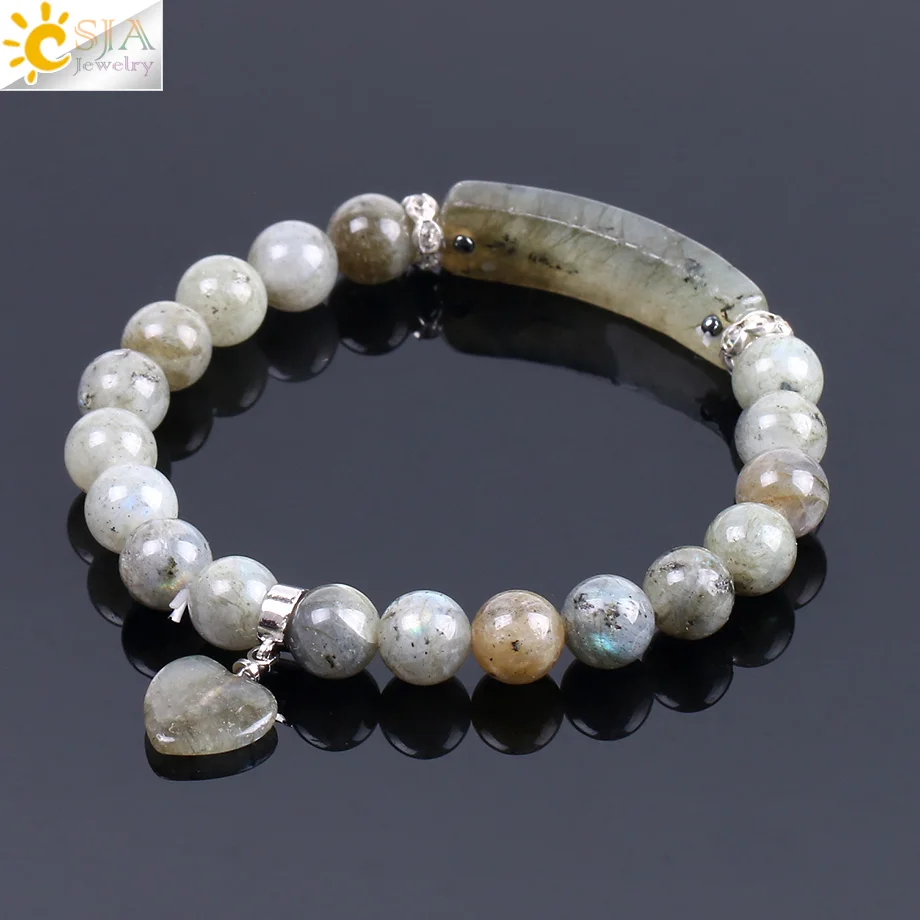 CSJA Natural Stone Bracelet Trendy Handmade Beaded Bangle Labradorite Beads Rectangle Love Heart for Women Men Yoga Jewelry F103