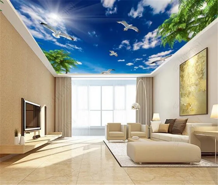 

Modern 3D photo wallpaper blue sky and white clouds i seagull leaves wallpaper home interior living room ceiling hall mural wall