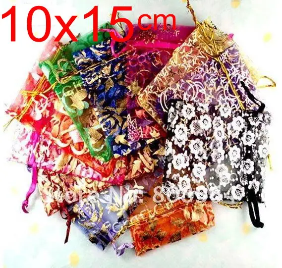 OMH-bolsas de Organza para embalaje de joyas, 10 piezas, 15 colores mezclados, corazón de amor, flores rosas, Navidad, boda, BZ08-21 de regalo