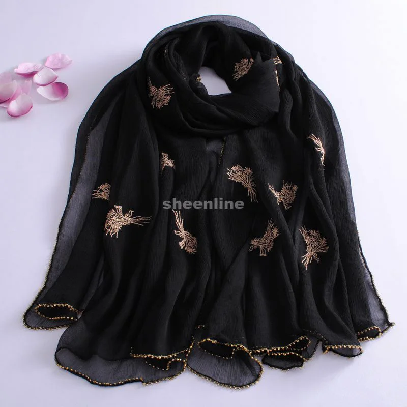 12 Colors Beading Embrodiery  Wool Silk Shawl Soft Warm Long Scarf Light Winter Warm Scarf Wrap Pashmina