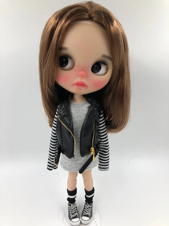 T02-X594 Blyth Doll clothes 1/6 dolls azone Accessories handmade clothes Leather vest striped t-shirt