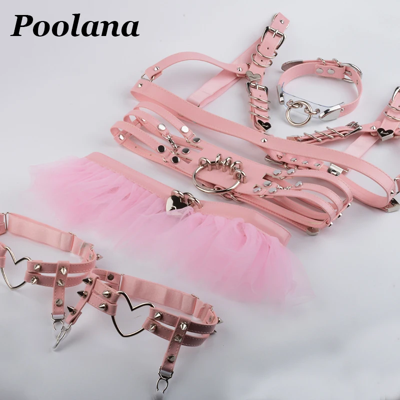 Tenue Cosplay Lolita Kawaii, harnais au ras du cou, soutien-gorge en cuir PU, ceinture à taille supérieure, ceintures Tutu à volants cloutées, 1 ensemble = 6 pièces