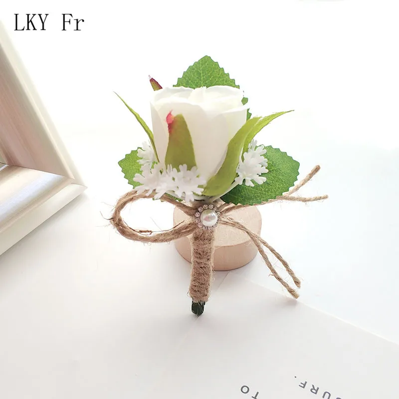 LKY Fr boutonnière boutonnière mariage Corsage Pin fleurs blanc rose marié boutonnière hommes mariage soie fleur Corsages