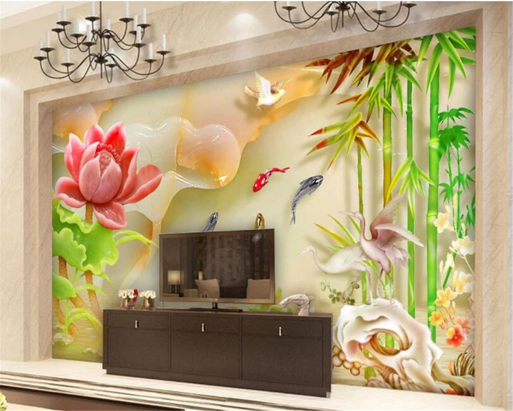 

beibehang Custom 3D wallpaper HD relief jade carving lotus carp bamboo background wall wall papers home decor papel de parede