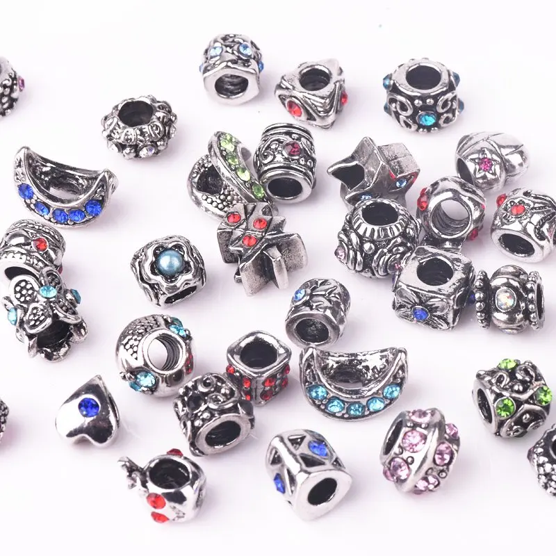 

Wholesale 50pcs Mix Metal Spacer Beads diy European Bracelet Berloque Women Accessories For diy Pave Colored Rhinestone Charm