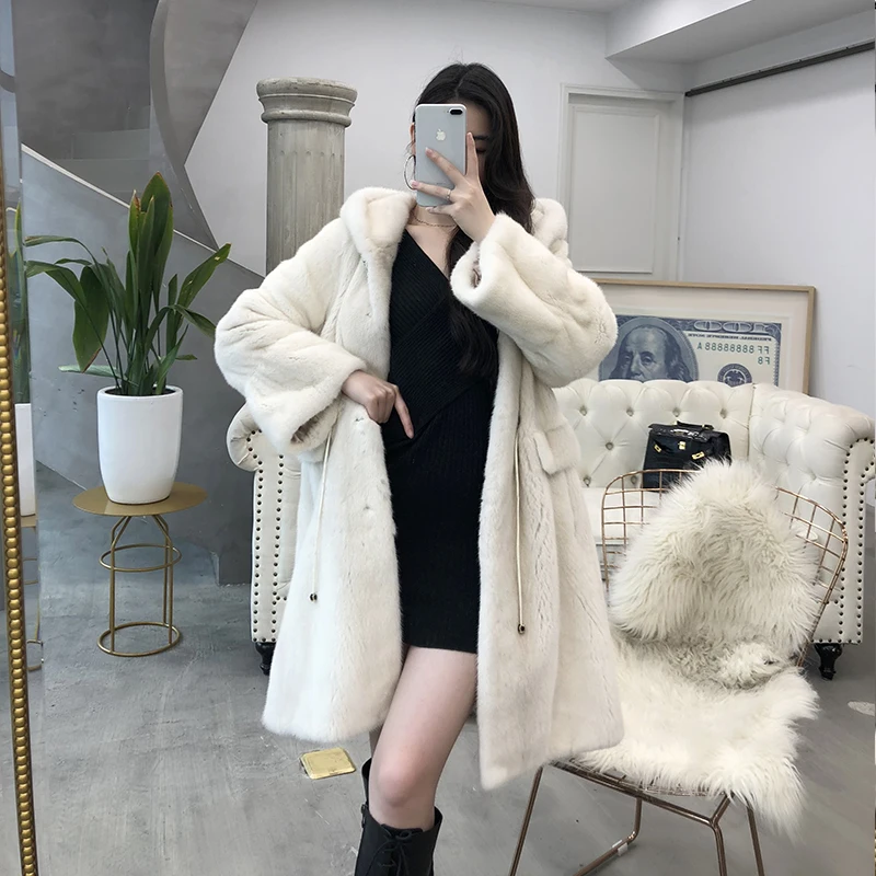 2023 Fashion Copenhagen Mink Whole Fur Women X-long Natural Real Girl Coat with Hood  Winter Thick Warm Female Mink Fur Jacket