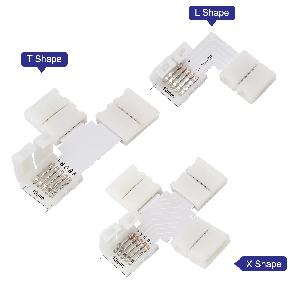 Conectores para tira de LED, 2 pines, 3 pines, 4 pines, 5 pines, 10mm, conector de soldadura libre en forma de L, forma de T, forma de X para tira