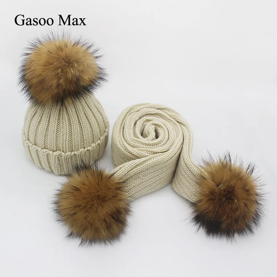 Children knitted Scarf and Hat Set Luxury Winter Warm Crochet Hats and scarves with Real fur pom Beanie Hat for boys and girls