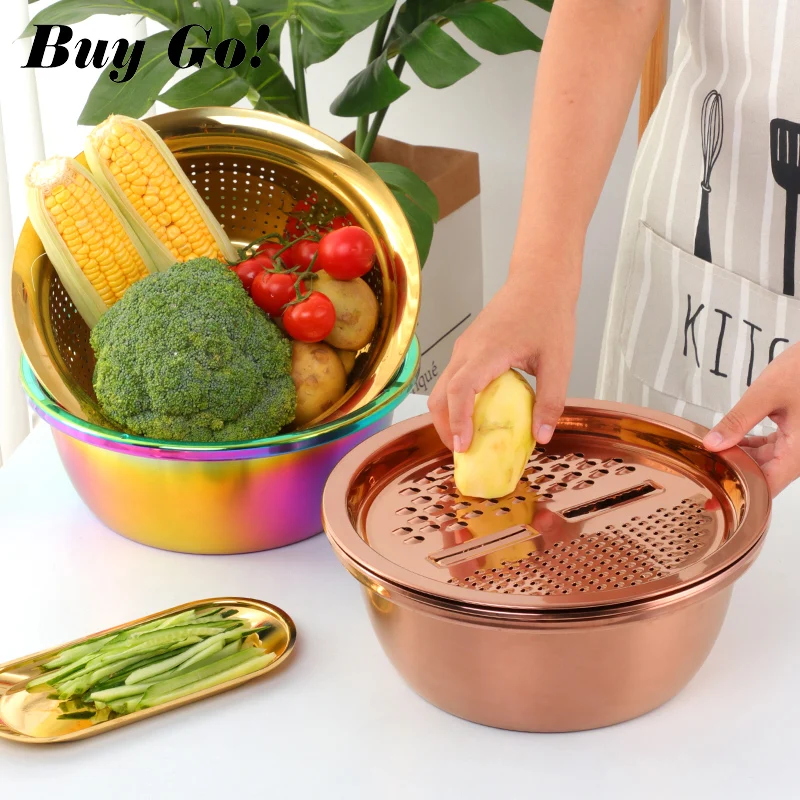 

3PC/Set Stainless Steel Vegetable Slicer Fruit Potato Peeler Carrot Grater Strainer Utensil Round Rice Washer Bowl Drain Basket