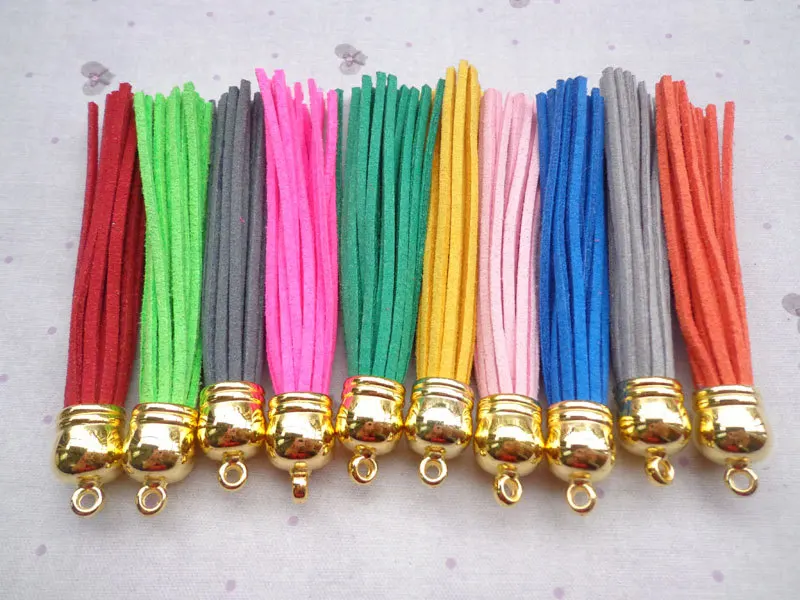 Free Ship 1000 Pieces 90mm Multi Color  Suede Leather Tassel Cord With Gold color plastic Cap