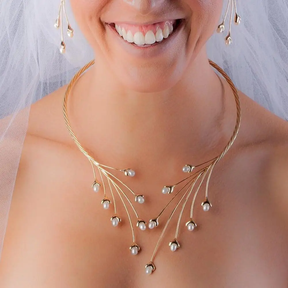 MANILAI Handmade Copper Weave Torques Necklaces Women Imitation Pearl Statement Choker Necklaces Charm Wedding Party Jewelry