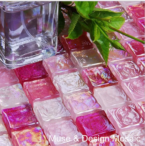 Ins Pink Iridescent Glass Mosaic Tiles Square for Wall Sticker Floor tile DIY Garden Outdoor Home Decoration building material