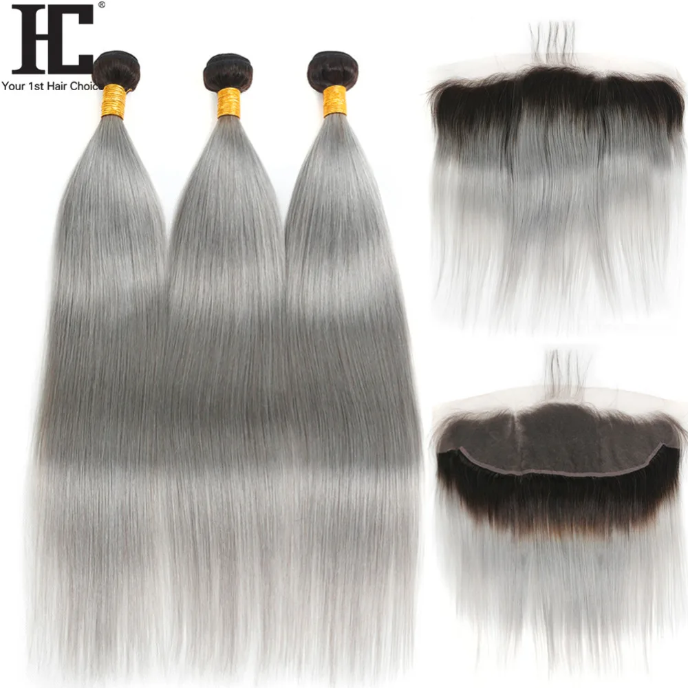 Ombre Hair Bundles With Frontal 1B/Grey Dark Root Brazilian Straight 4 PCS Remy Human Hair Weave Bundles With Lace Frontal