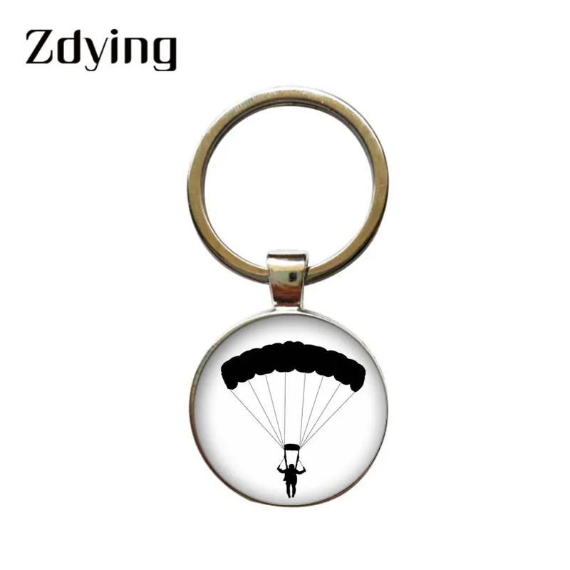 ZDYING Skydive Skydivers Silhouette Pendant Keychain Key Holder Round Glass Cabochon Charm Keyring For Sport lovers Gift S017