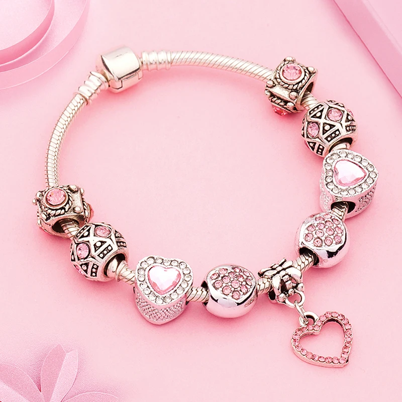 New Valentine\'s Romantic Pink Heart Charm Bracelet & Bangle Fine Crystal Diy Bead Bracelet Jewelry for Women Girl Gift