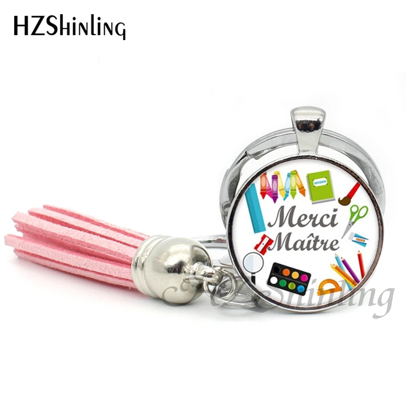 Wholesale steampunk Tassel Keyring Handmade Merci maitresse key ring Glass Dome Key chains for kids women