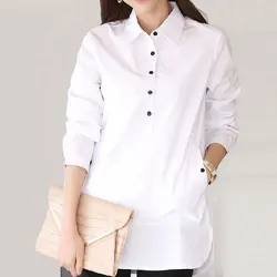 S-3XL Plus Size White Shirts Womens Autumn Winter Basic Collar Long Tops Female Casual Curve Hem Long Sleeve Cotton Blouse