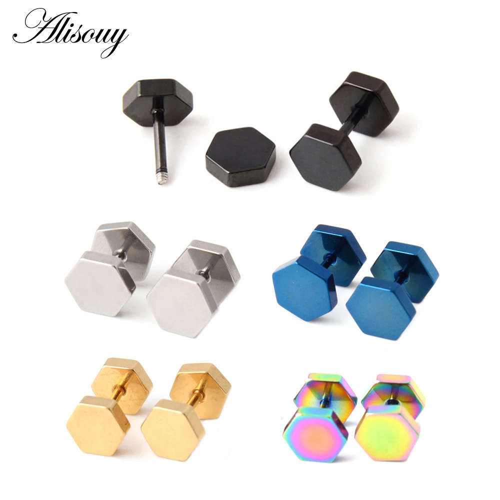 Alisouy 2pc hexagon studs Wholesale Fashion Black  color Stainless Steel Earrings Women Men\'s Punk Gothic Stud Earring For men