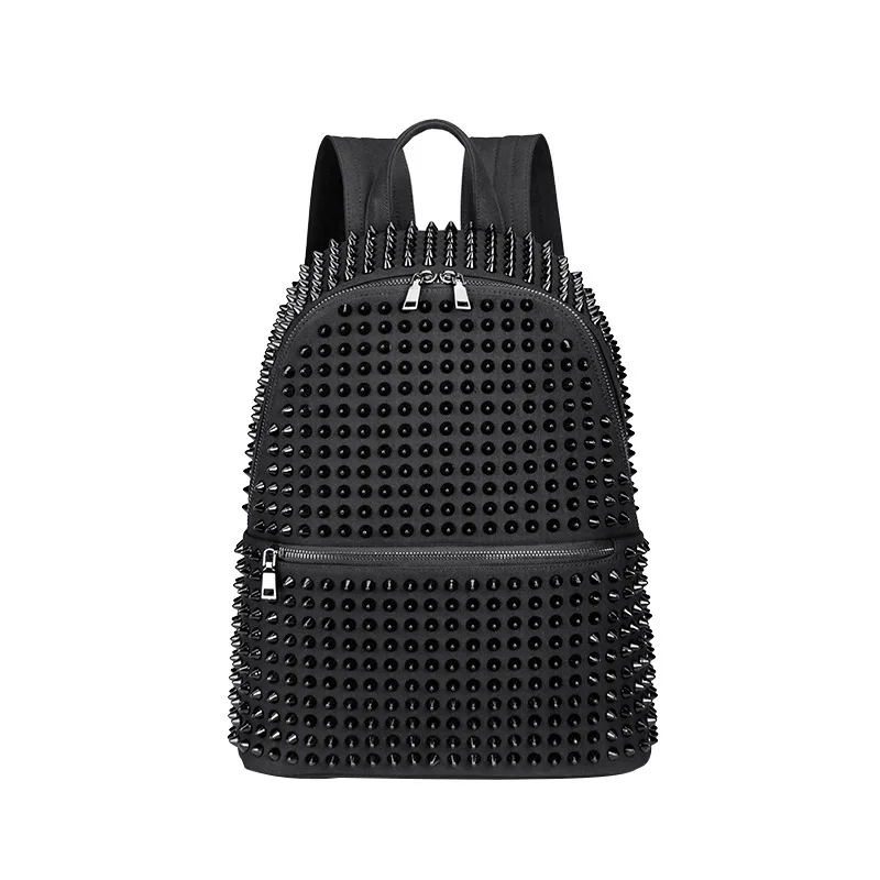 JIEROTYX-Mochila De cuero suave para mujer, morral escolar con remaches, color negro, lavado suave, estilo Punk, con cremallera, para viaje