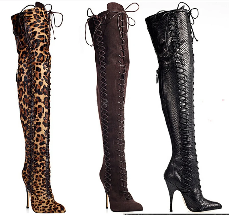 New Fashion Women Lace-up Suede Leather Over Knee Gladiator Boots Leopard Slim Tigh High Luxury High Heel Long Boots