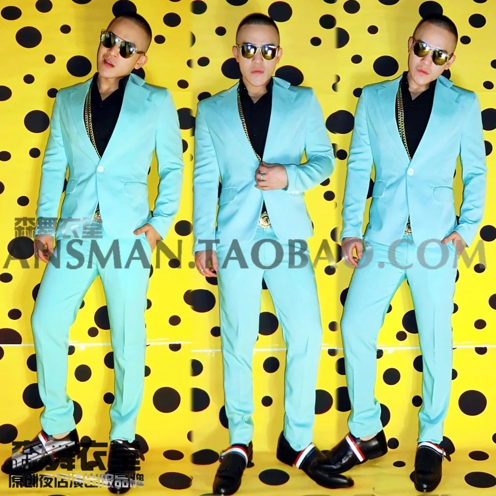 New Men Groom Blazer Hair Stylist Fashion Slim Mint Blue Jackets Suit Performance Coats Dress Male Singer Groomsman Costumes