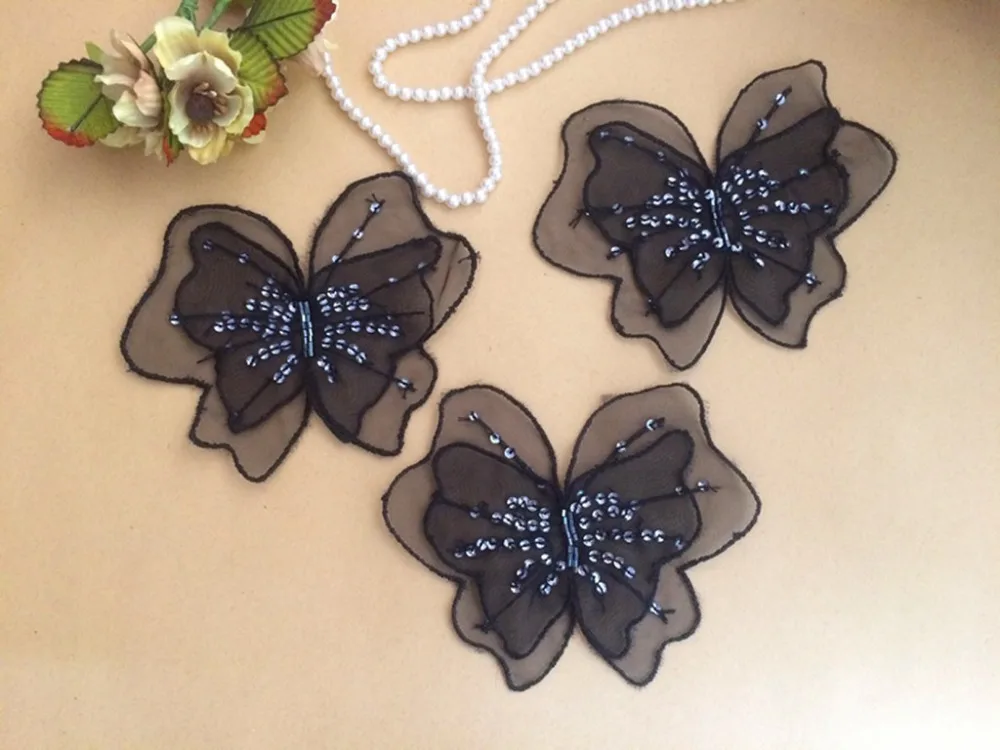 

20pcs 12x9.5cm wide black butterfly organza beads embroidery appliques BY5L11D4