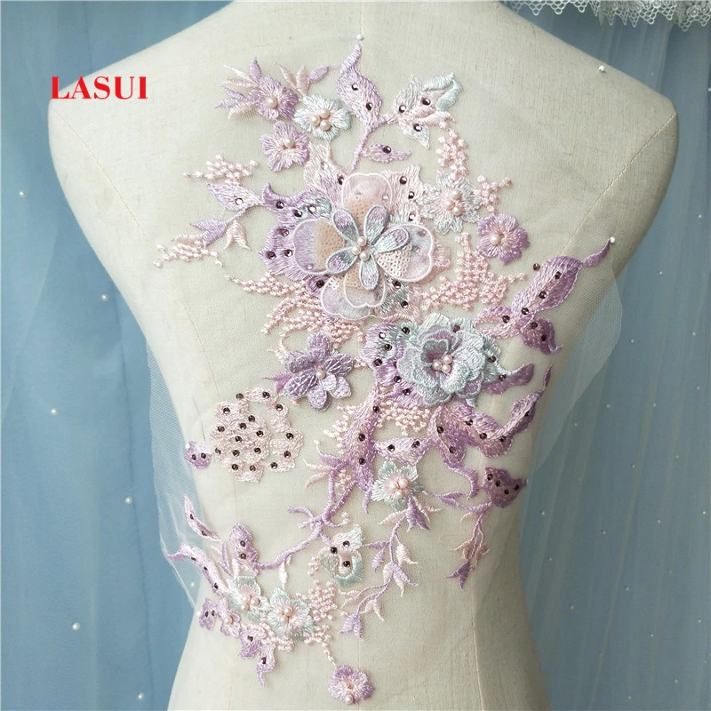 LASUI  35 cm*28 cm  Beautiful delicate 3D beaded sequins bedazzle paste diamond lace applique DIY dress cap decoration 0190