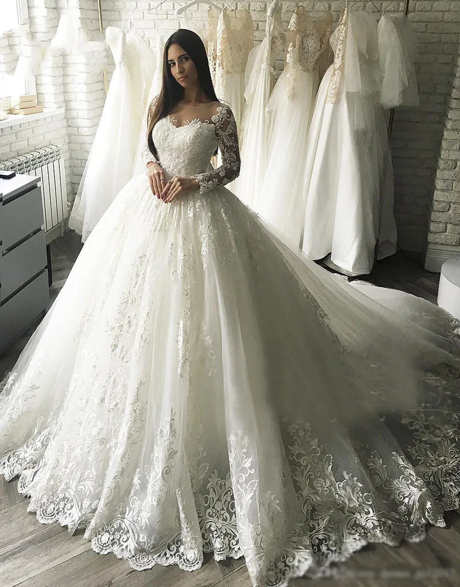 LAYOUT NICEB Gorgesous Wedding Dresses Long Sleeves Ball Gown Lace Applique Luxury Bridal Women Vestido De Noiva Robe Mariee