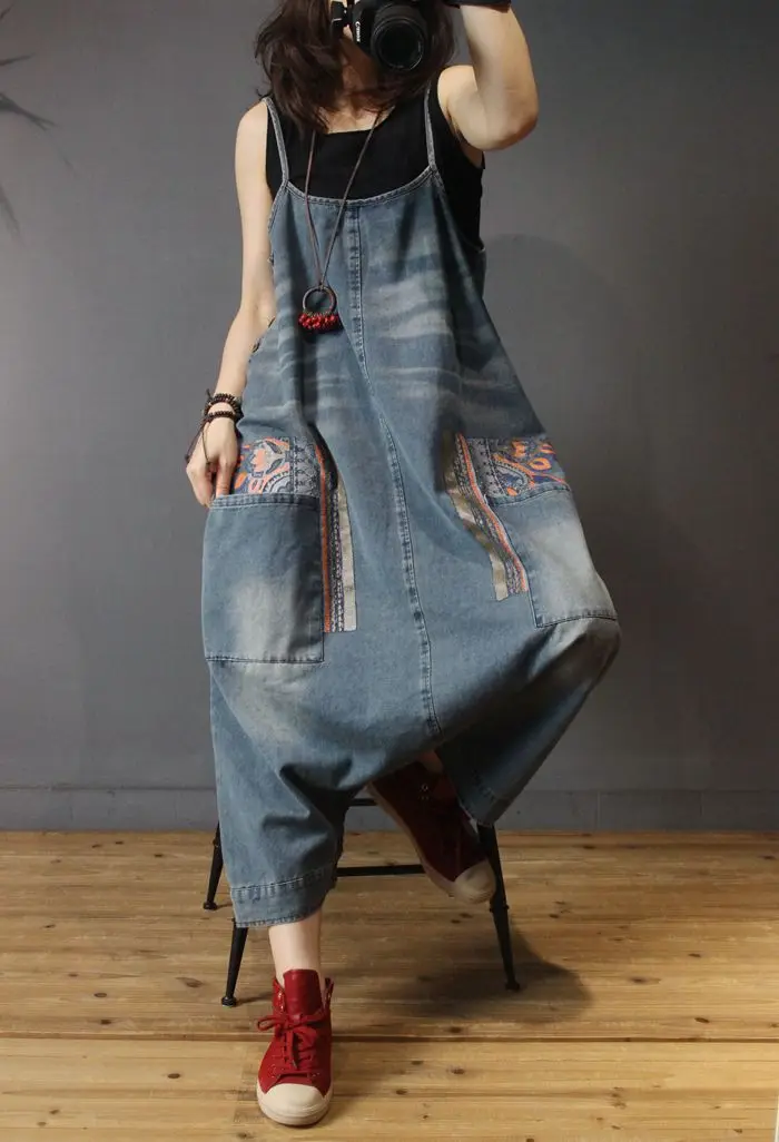 Women Casual Bleached Denim Jumpsuits Ladies Scratched Patchwork Overalls Rompers Female Vintage Spaghetti Strap Jumpsuit Jeans