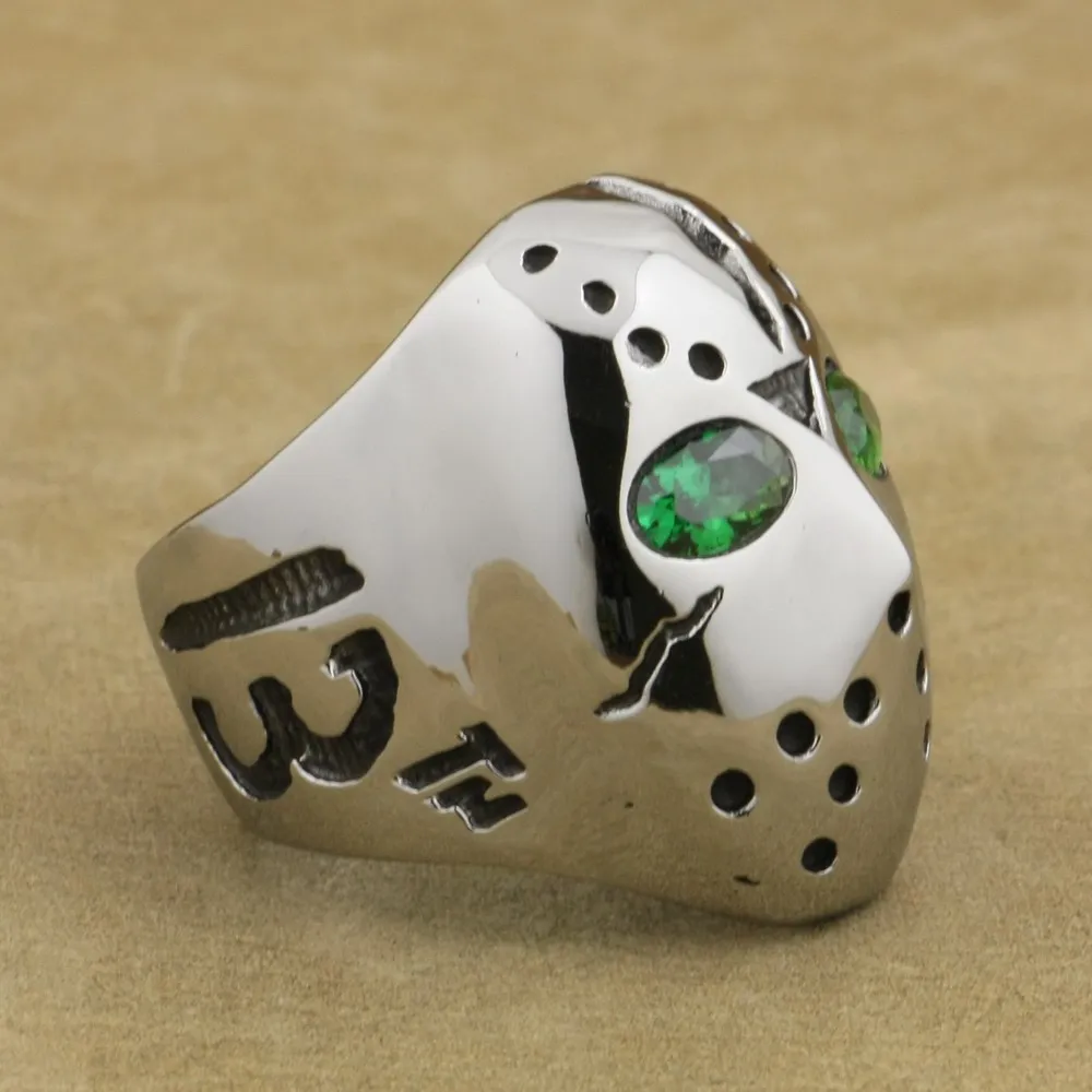 316L Stainless Steel Halloween Jason Hockey Green CZ Eyes Mens Ring 3F201A