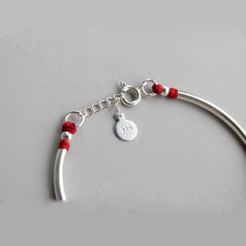 925 Sterling Silver Red Thread Bracelet For Women Handmade Bell Tube Rope Bracelet With Silver Beads Adjustable Lucky Cord