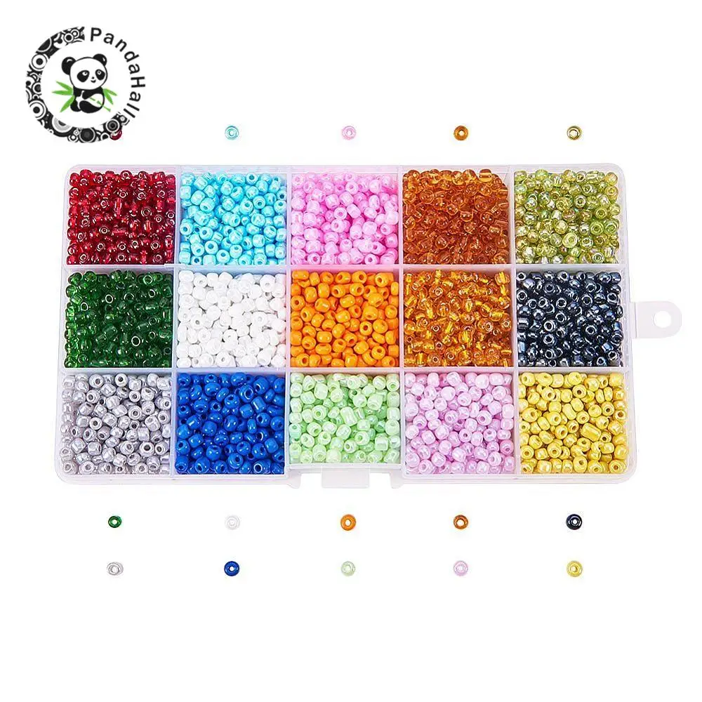 

Mixed 15 Colors 6/0 Glass Seed Beads for Jewelry Making DIY 4mm Hole:1mm about 390pcs/compartment, 5850pcs/box