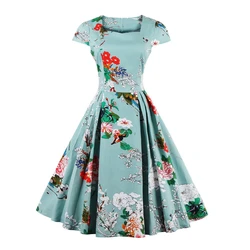 Duży rozmiar 4XL bawełna elastyczna Vintage, w kwiaty sukienki kobiety 60s Audrey Retro Rockabilly Swing elegancja sukienka Feminino Vestidos