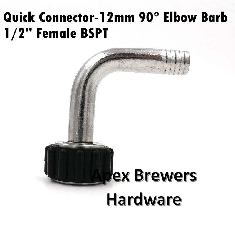 

Quick Connector, 12mm 90 Degree Elbow Barb, 1/2" Female BSPT, Silicone Grip, Brewer Hardware, Pump Fittings