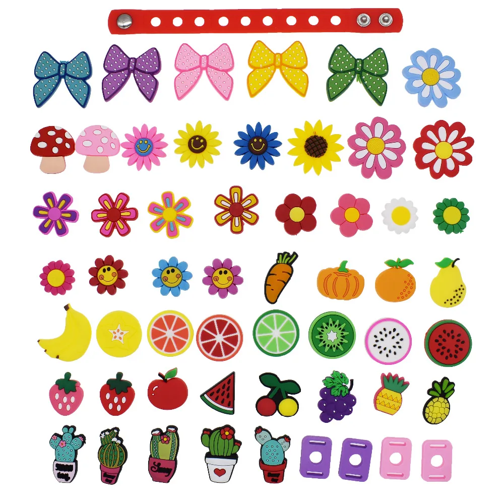 51Pcs Flowers Fruits Bowknot Vegetables Shoes Charms Fit Shoes & Wristband + 4Pcs Shoe Lace Adapter + 1pcs 18cm Bracelet