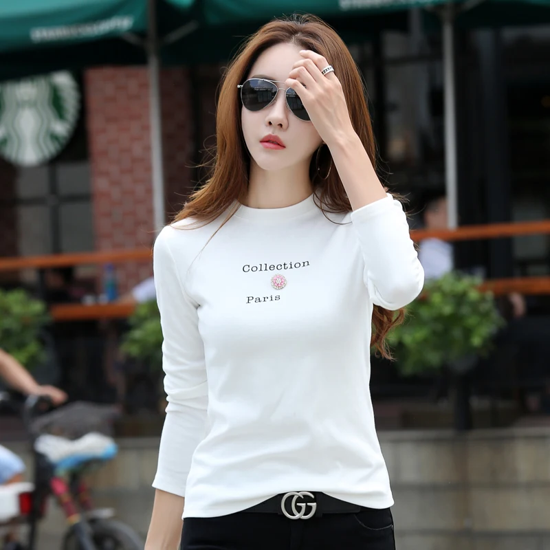 New Design T Shirt Women Long Sleeve Cotton T-shirts Autumn Winter Tops Tees Fashion Appliques Letter Print Female T-shirt Shirt