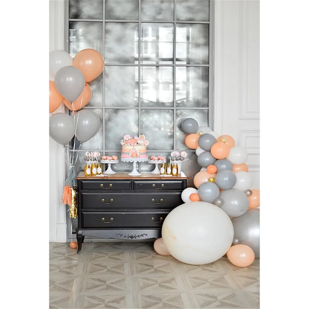 

Baby Kids Birthday Party Photography Background Indoor Window Printed Dessert Table Orange White Grey Balloons Photo Backdrops