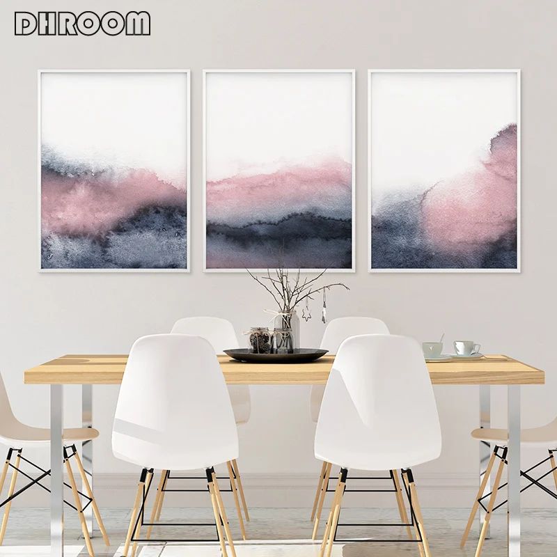 

Pink Blue Abstract Poster Prints Blush Pink and Grey Wall Art Canvas Painting Nordic Scandinavian Picture for Bedroom Decor