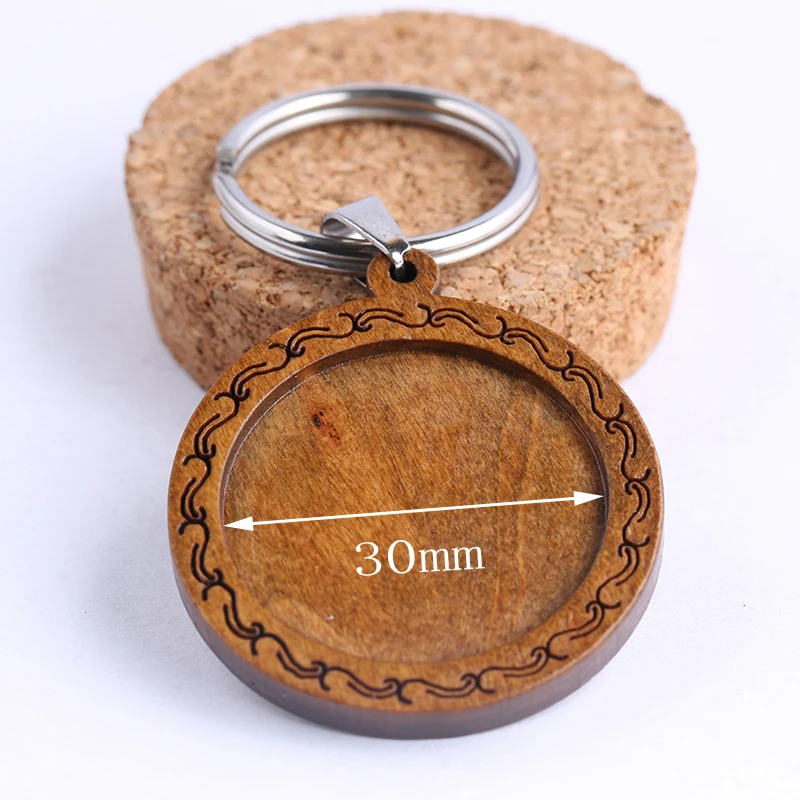 onwear 3pcs 30mm round wood cabochon key chain base settings diy blank wooden keychain bezel trays diy stainless steel keyring