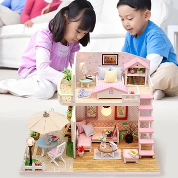 Toys for Children Diy Doll House Casa Miniature Dollhouse Furniture Dollhouses Toys Birthday Gifts Pink LOFT VILLA M033