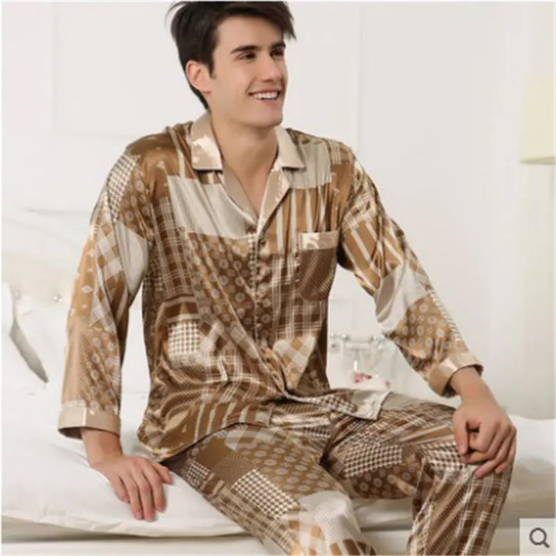 Sexy Faux Silk Men Pajamas Fashion Printed Ice Silk Sleepwear Male Long-Sleeve Pyjama Pants Sets Two-Pieces New 5002