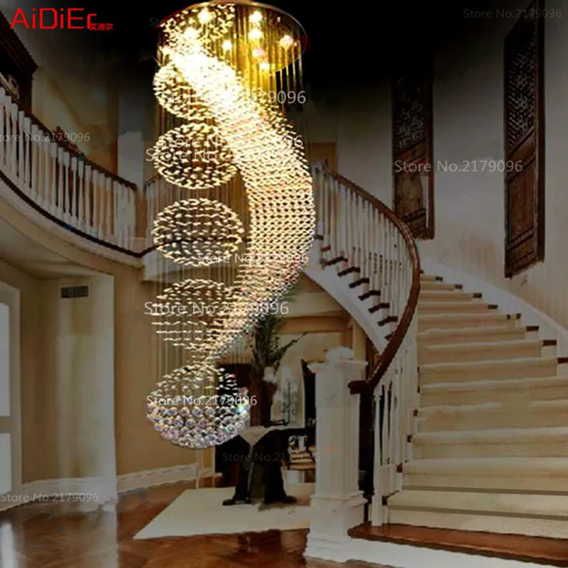 long double staircase modern chandelier lamp  LED crystal llights stylish hotel project Villa hall lighting suspension wire