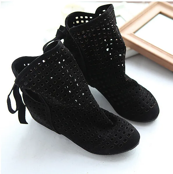 size 34-43 Women\'s Boots Summer Cute Flock Flat Low Hidden Wedges Solid Cut-outs Ankle Boots Ladies Dress Casual Shoes 3 colors