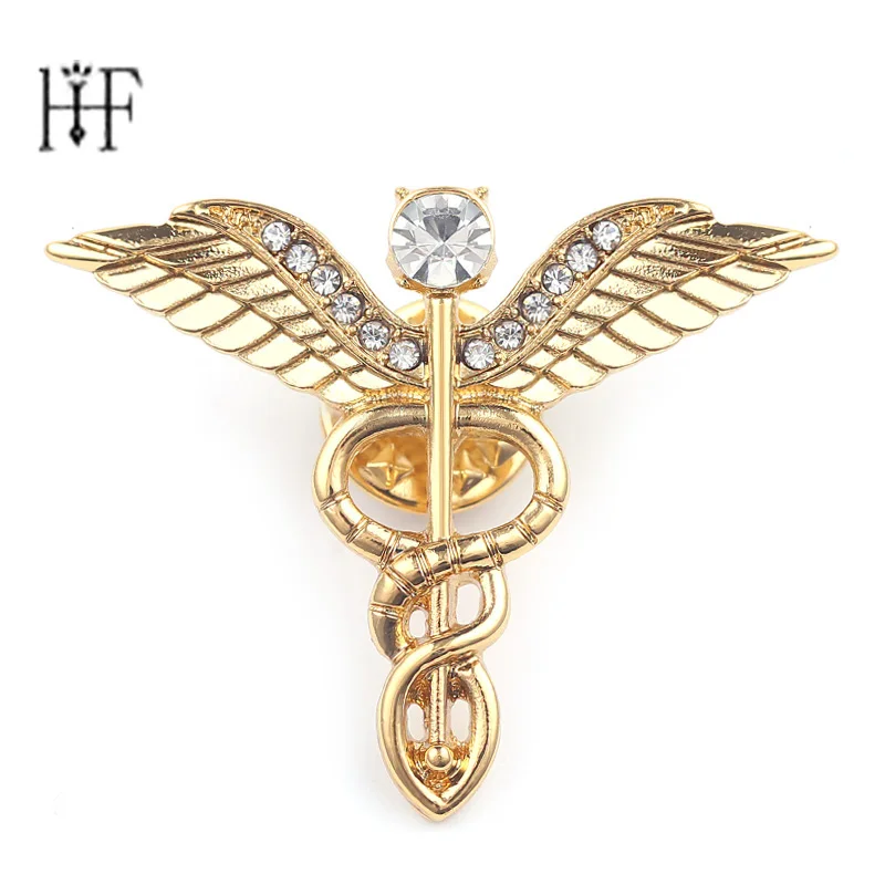 3 Colors Caduceus Large Brooches 3.2CM Brooch Badges Lapel Pin Men Rod Of Asclepius Emergency Crystal Brooch For Medical Staff