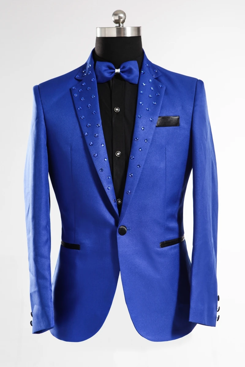 

100%real royal blue crystal beading collar tuxedo jacket/event/stage performance/club/sing/dance blazers /this is only jacket