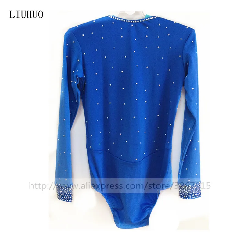 LIUHUO Ice Figure Skating Top Men\'s Boys\' Shirt Blue Spandex Rhinestone High Elasticity Performance Wear Handmade Costume Dance