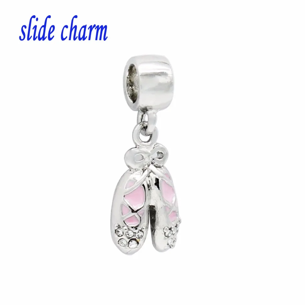 slide charm White crystal pink ballet shoes pendant charm beads  fit Pandora bracelet