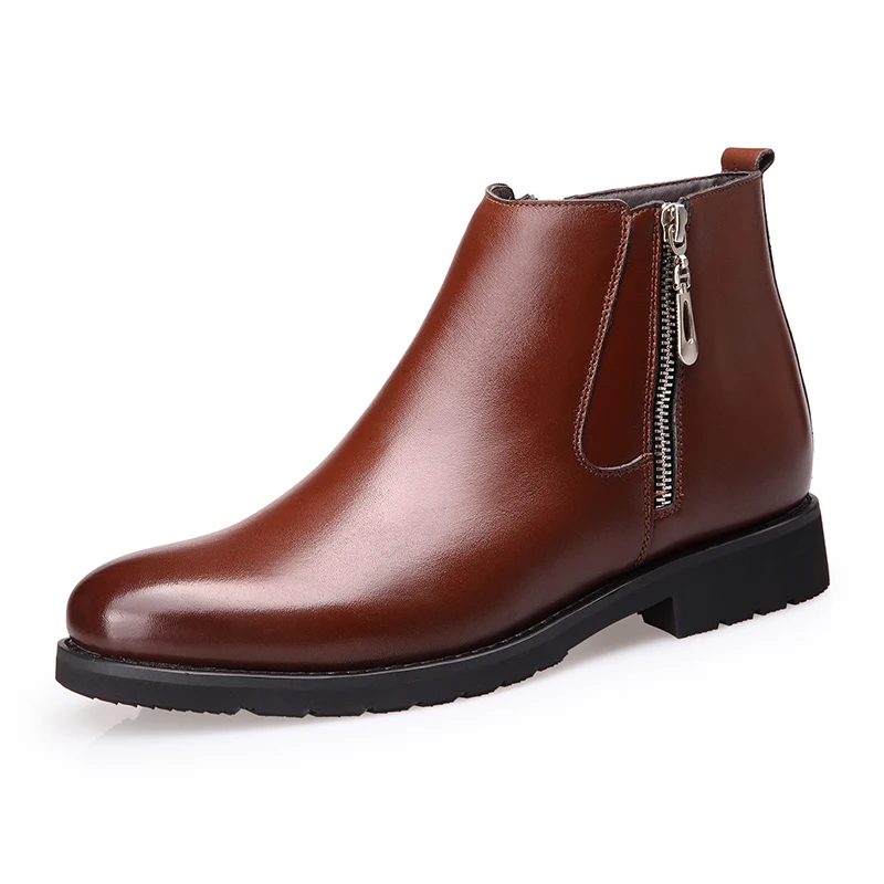 Round Toe Ankle Boot Slip On Leather Snow Boots Men Winter Casual Chelsea Boots Black Mens Winter Shoe