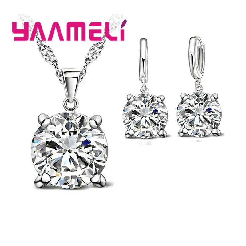 Wholesale Price 925 Sterling Silver Single Crystals Four Claws Pendant Necklace With Earrings Jewelry Sets For Women